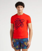 Men Organic Cotton T-Shirt Placed Embroidered Turtle Poppy red front worn view