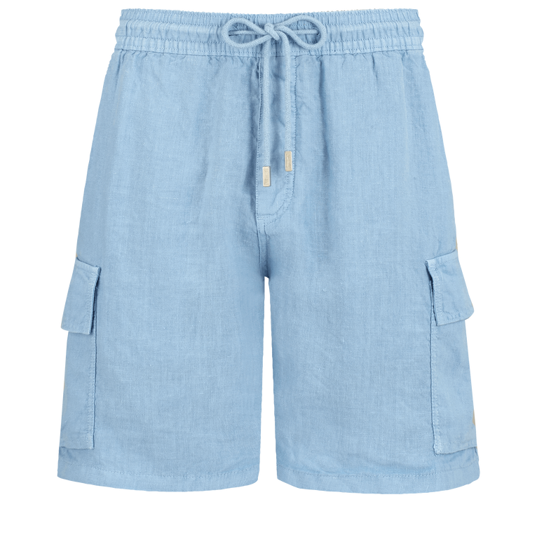 Men Linen Bermuda Shorts Cargo Pockets - Baie - Blue