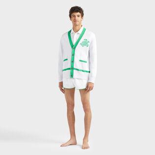 Men Cotton Cardigan Turtle Jacquard Bicolor Laser front worn view