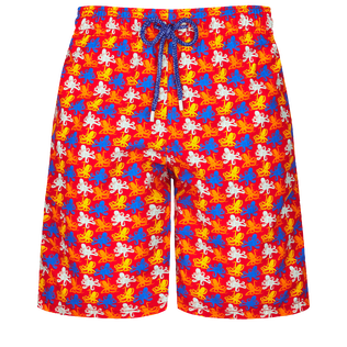 Men Long Swim Trunks Micro Poulpes Poppy red front view