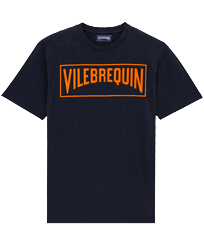 Camiseta de algodón con logotipo aterciopelado de Vilebrequin para hombre Azul marino vista frontal