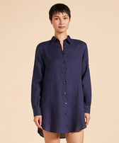 Chemisier donna in lino tinta unita Blu marine vista frontale indossata