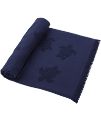 Beach Towel in Organic Cotton Turtles Jacquard Navy front worn view