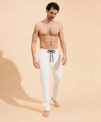 Men Velvet Elastic Waist Pants Off white front worn view