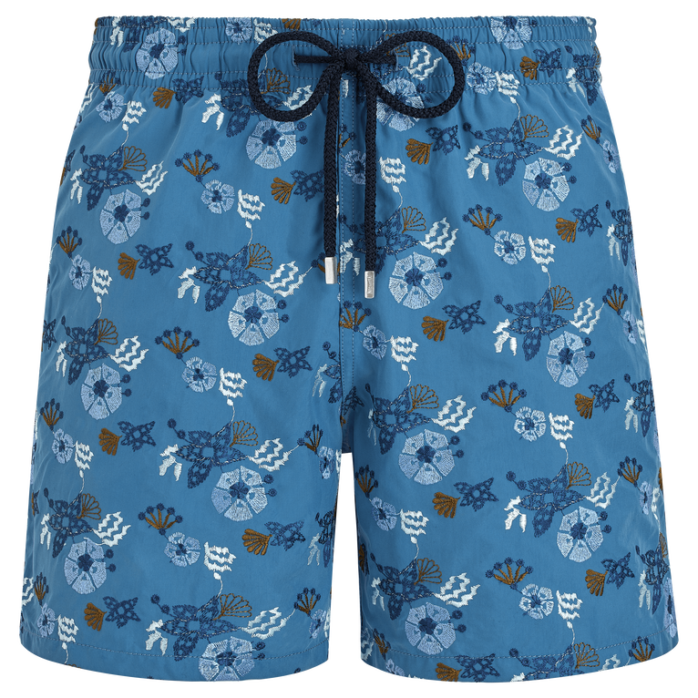 Men Swim Shorts Embroidered Flowers And Shells - Badeshorts - Mistral - Blau