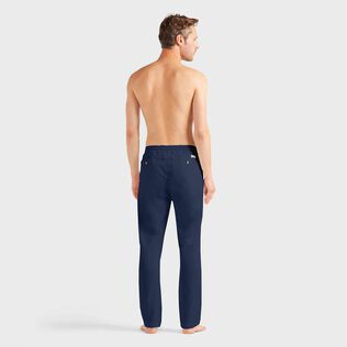Men Elastic waist Tencel Satin Pants Navy back worn view