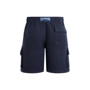 Einfarbige Leinen-Bermudashorts mit Cargotaschen für Herren Marineblau Rückansicht