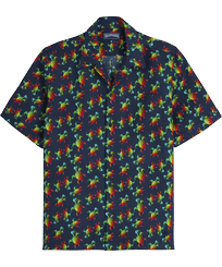 Camicia uomo bowling in lino Tortues Rainbow Multicolor - Vilebrequin x Kenny Scharf Blu marine vista frontale