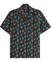Men Linen Bowling Shirt Tortues Rainbow Multicolor - Vilebrequin x Kenny Scharf Navy front view