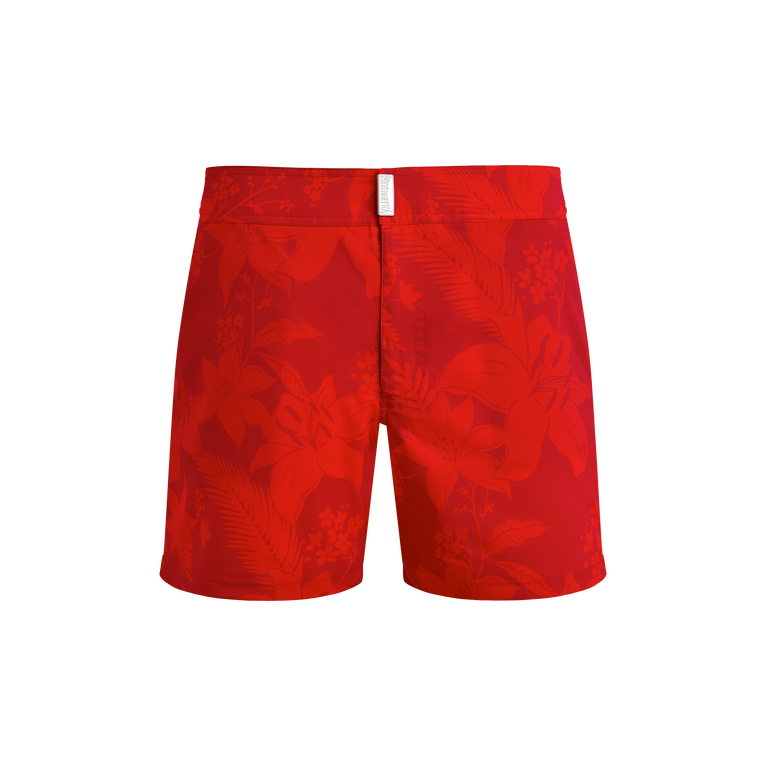 Vilebrequin Men Stretch Short Swim Shorts Flat Belt Flower Power - Menise - Red - Size S