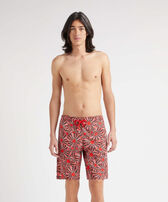 Men Long Stretch Swim Shorts Oursinades Poppy red front worn view