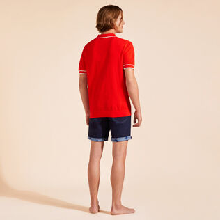 Men Organic Knit Cotton Polo Solid Poppy red back worn view