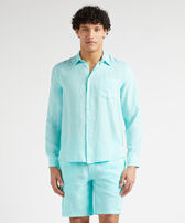 Men Linen Shirt Solid Lagoon 正面穿戴视图