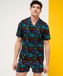 Men Others Printed - Men Bowling Shirt Linen and Cotton Tiger Leap, Black front worn view