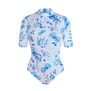 Maillot de bain une pièce Anti-UV femme Medusa and Shells Blanc vue de face