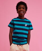T-shirt bambino girocollo in cotone Navy Stripes Tropezian green vista frontale indossata