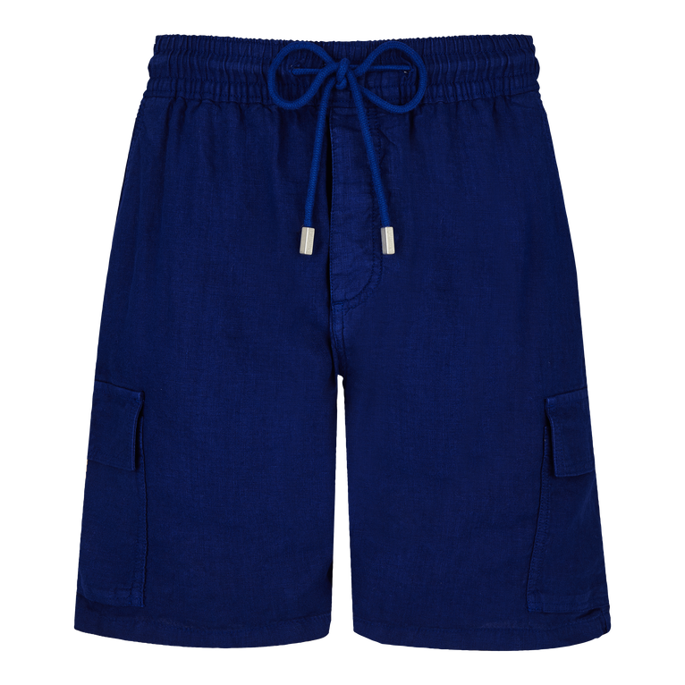 Men Linen Bermuda Shorts Cargo Pockets - Bermuda - Baie - Blue - Size XXXL - Vilebrequin
