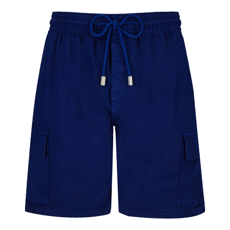 Men Linen Bermuda Shorts Cargo Pockets - Baie - Blue