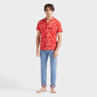 Men Cotton Polo Printed Lightening Flower Poppy red front worn view
