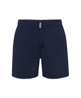 Men Flat Belt Stretch Swim Trunks Solid Navy front view