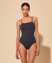 Women Crossed Back Straps One-piece Swimsuit Solid Black front worn view