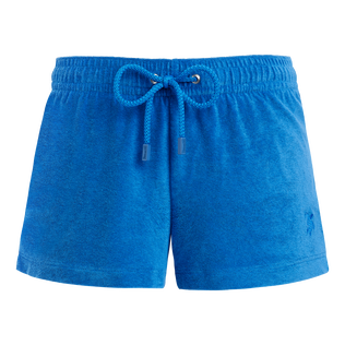 Women Terry Cloth Shorty Solid Sea blue front view