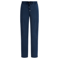 Men Cotton and Tencel Elastic Waist Pants Solid Navy front view