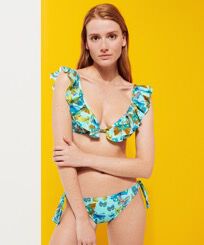 Top de bikini anudado alrededor del cuello con estampado Butterflies para mujer Laguna vista frontal desgastada
