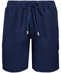 Men Others Solid - Men Linen Bermuda Shorts Cargo Pockets, Navy front view