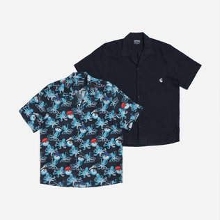 Men Printed Linen Bowling Shirt - Vilebrequin X Malbon Azul marino detalles vista 3