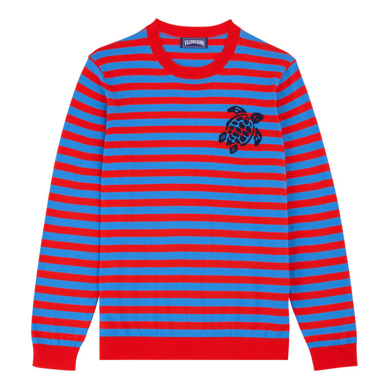 Men Crewneck Striped Cotton Sweater - Porcros - Blue