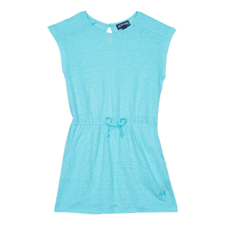 Vestido en lino de color liso para niña Lazulii blue vista frontal