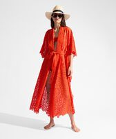 Women Guipure Kimono Flowers Lace Poppy red front worn view