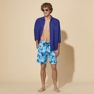 Men Long Swim Trunks Starlettes and Turtles Tie and Dye Azure details view 1