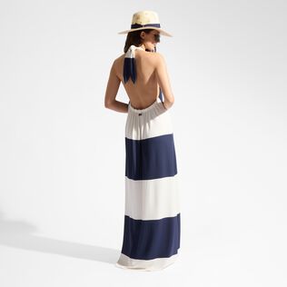 Women Viscose Jersey Maxi Striped Open-Back Dress Navy back worn view