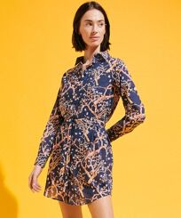 Women Cotton Voile Shirt Dress Sweet Blossom Navy front worn view