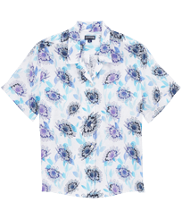 Women Linen Short Sleeves Shirt Flash Flowers Purple blue front view