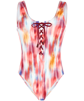 Women Lace-up One-piece Swimsuit Ikat Flowers Multicolor front view