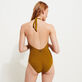 Women Halter One-Piece Swimsuit Plumes Jacquard Bark back worn view