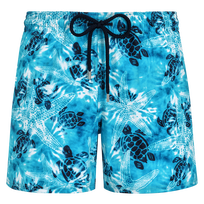 Men Stretch Short Swim Trunks Starlettes and Turtles Tie & Dye Azure front view