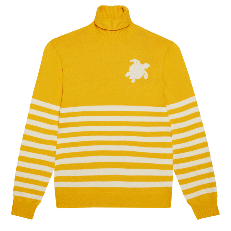 Pull Col Roulé Rayé En Coton Et Cachemire Homme Tortue - Flegere - Jaune