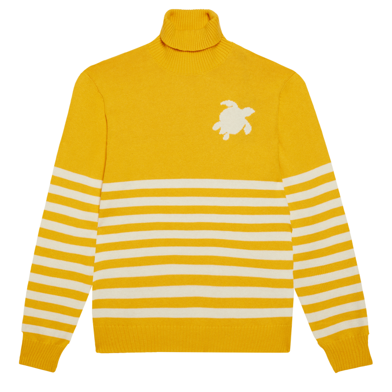Men Striped Cotton And Cashmere Turtleneck Pullover Jacquard Tortue - Flegere - Yellow