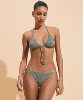Women Bikini Bottom Mini Brief to be tied Pocket Checks Bronze front worn view