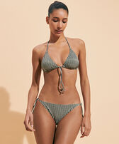 Braguita de bikini de corte brasileño con tiras laterales para anudar y estampado Pocket Checks para mujer Bronce vista frontal desgastada