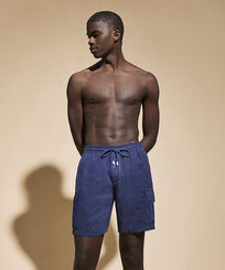 Men Others Solid - Men Linen Bermuda Shorts Cargo Pockets, Navy front worn view