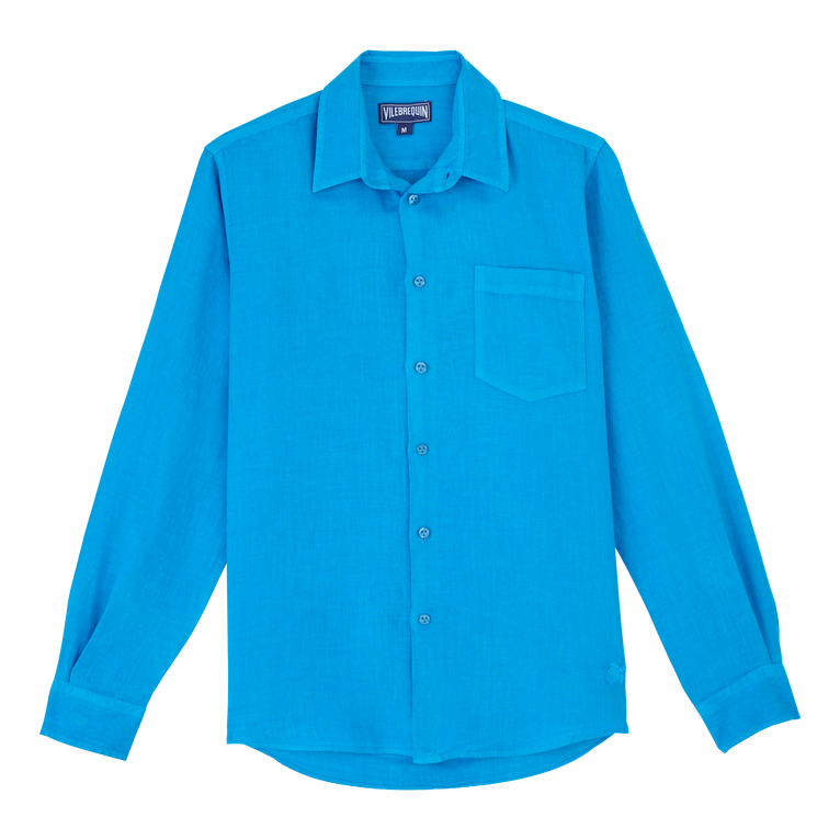 Men Linen Shirt Solid - Caroubis - Blue - Size L - Vilebrequin