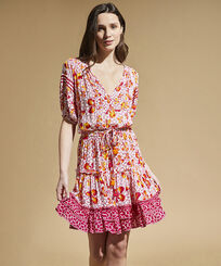 Women Short Dress Iris Lace- Vilebrequin x Poupette St Barth Shocking pink front worn view