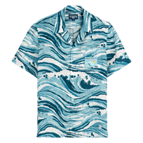 Camicia bowling uomo in lino Wave - Vilebrequin x Maison Kitsuné Blu vista frontale