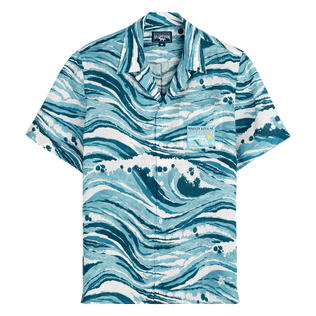 Men Linen Bowling Shirt Wave - Vilebrequin x Maison Kitsuné Blue front view
