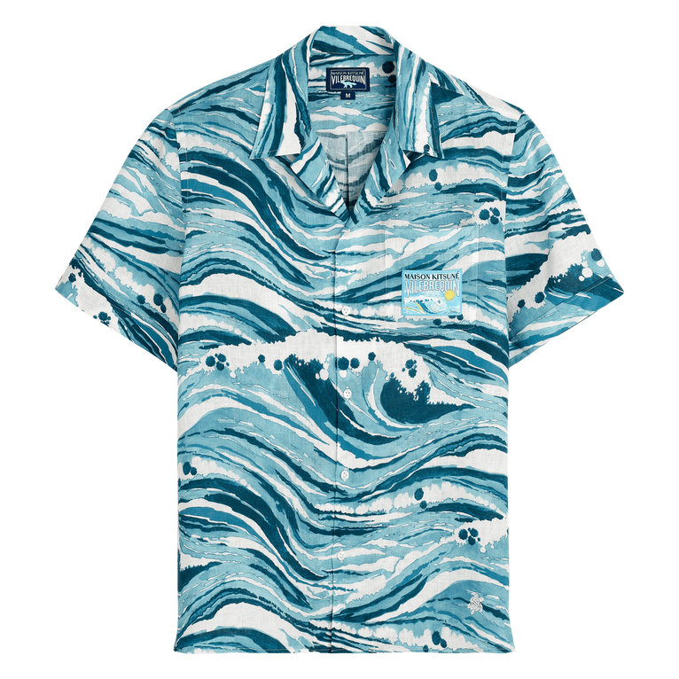 Men Linen Bowling Shirt Wave - Shirt - Charli - Blue - Size L - Vilebrequin